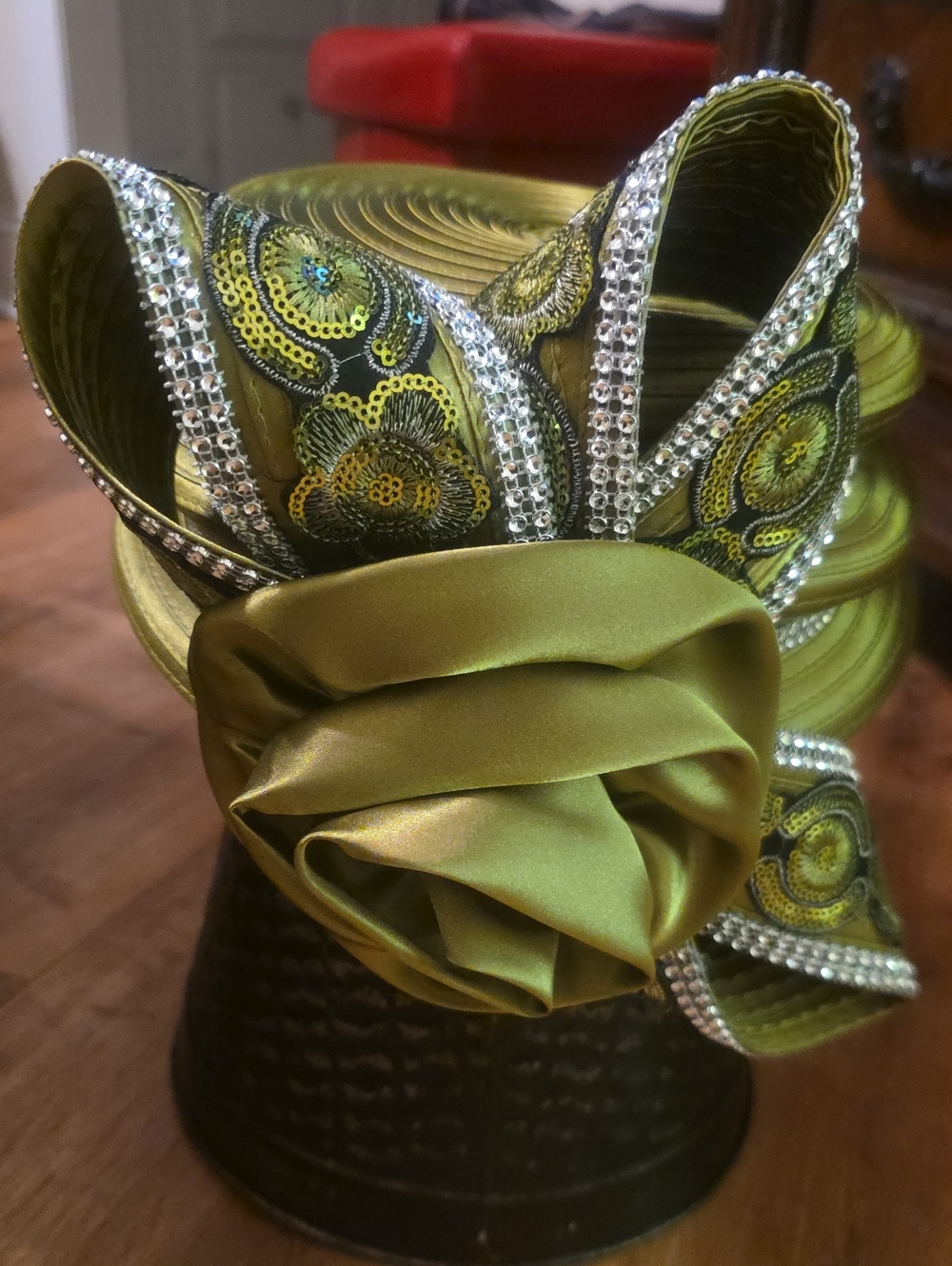 Olive Green Embellished Satin Floral Fascinator Hat
